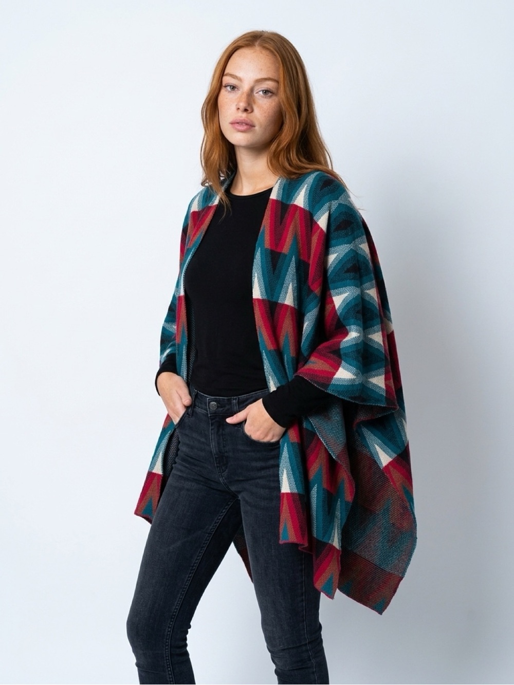 Joseph A Open-Front Geometric Poncho in Teal, Burgundy & Cream
